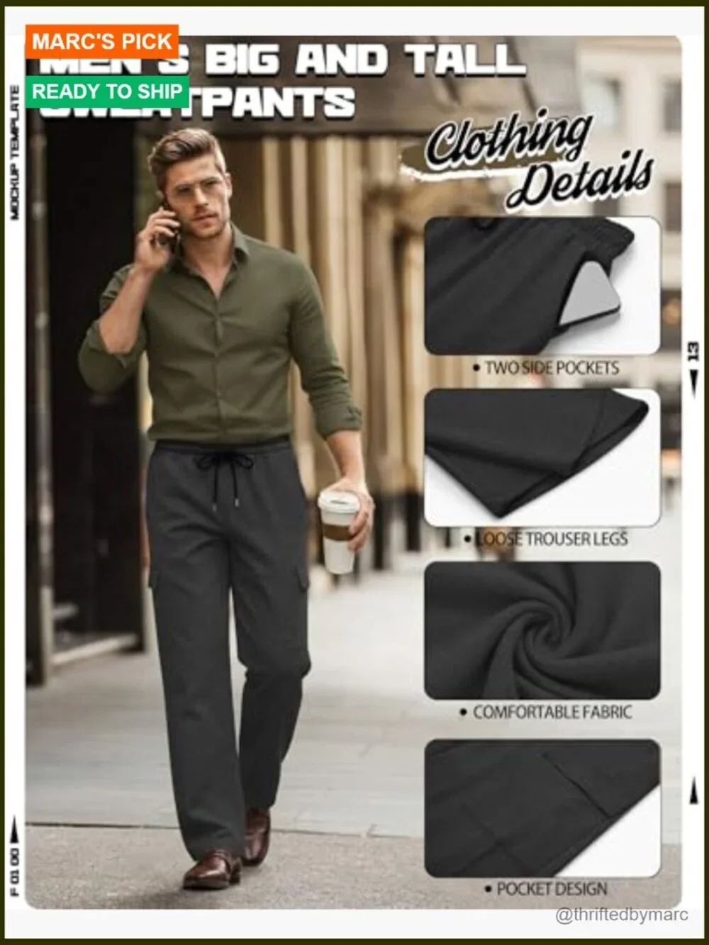 3 Pack Men's Big and Tall Cargo Sweatpants Baggy Straight Leg Drawstring